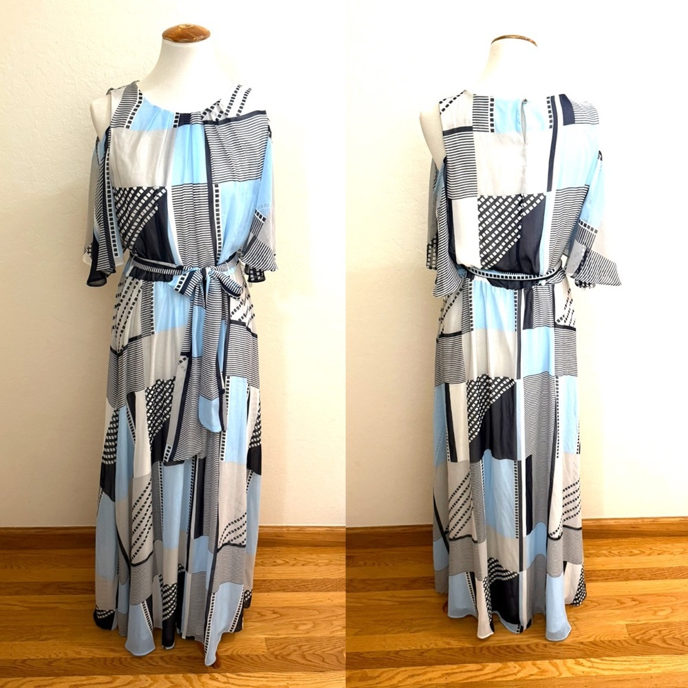 S9. Calvin Klein Blue and Gray Geometric Maxi Dress - Picture 2 of 4